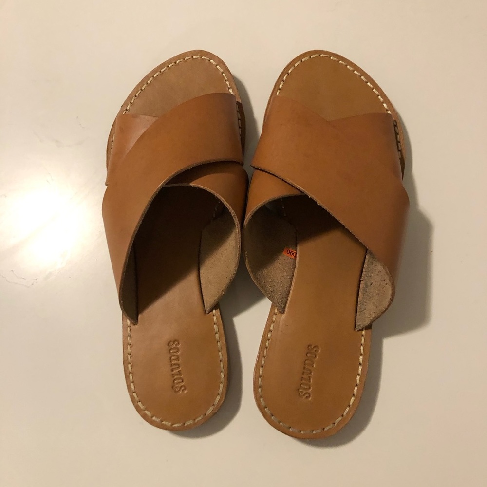Soludos Tan Cross Straps Leather Slip On Sandals 8